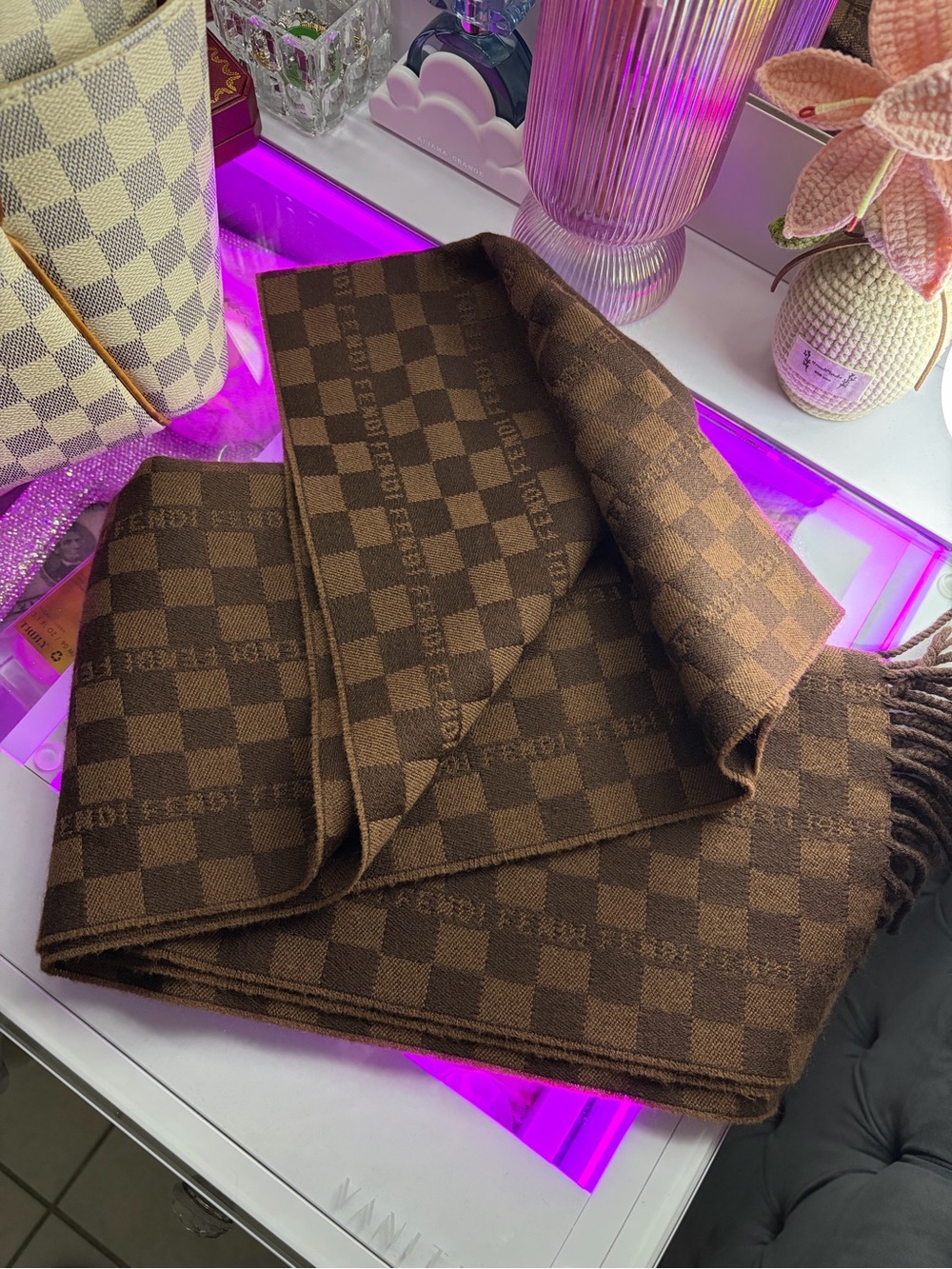 FENDI AUTHENTIC Luxury Brown Checkered Men's Scarf